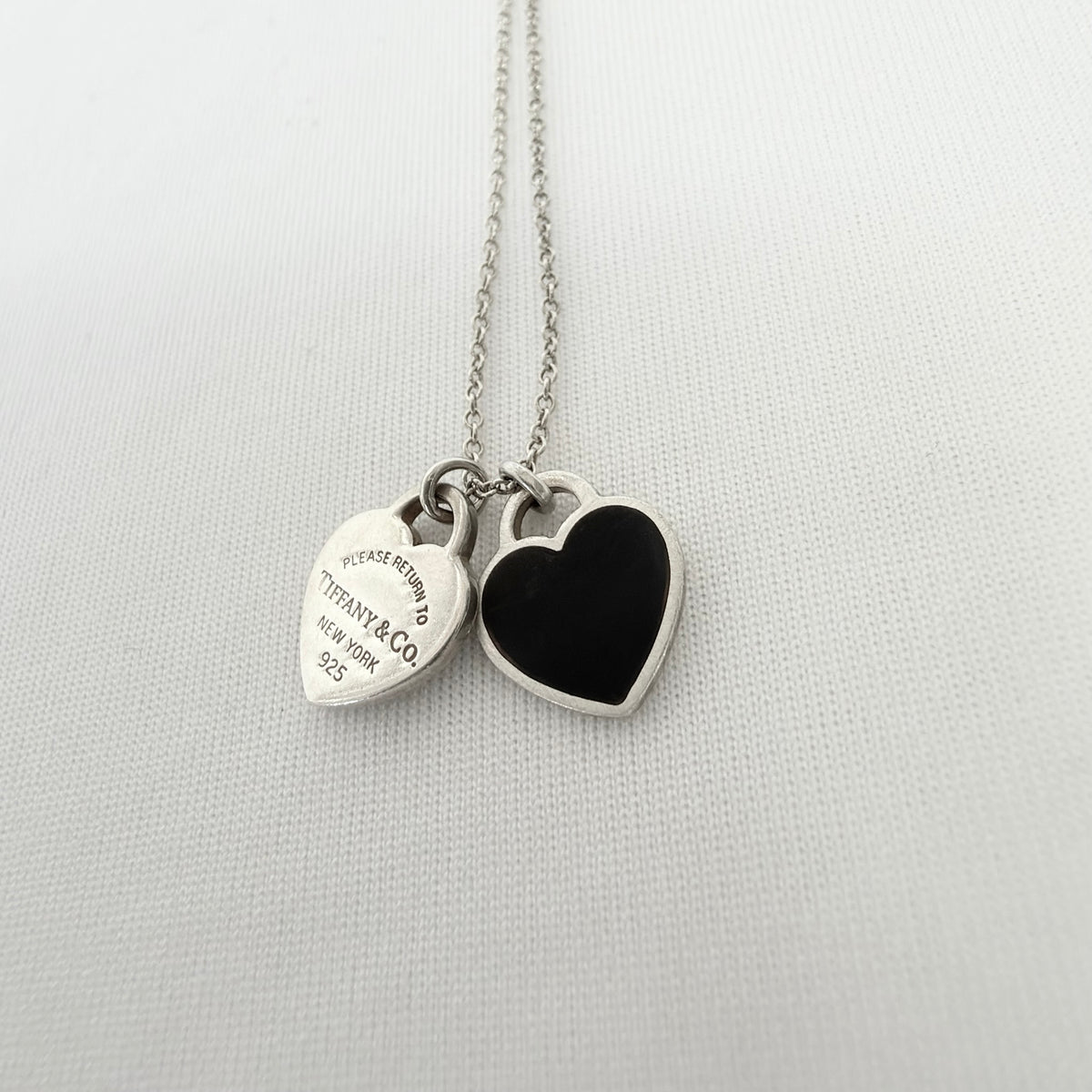Tiffany & Co. Return to Mini Double Black Heart Women's Necklace 16 Inches Sterling Silver 925