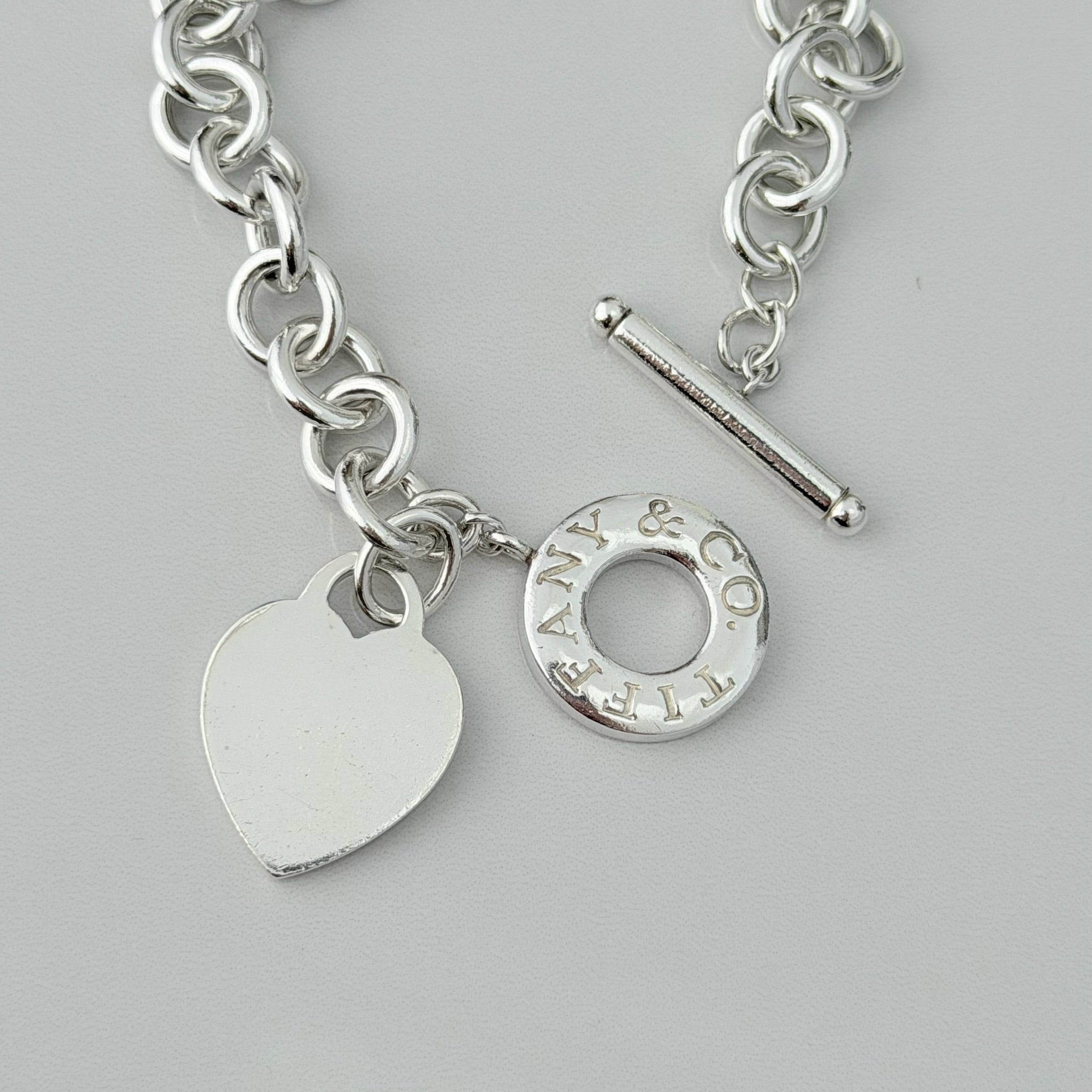 Authentic Vintage Tiffany & Co. Sterling Silver 925 Toggle Heart Pendant Bracelet With Pouch 21cm