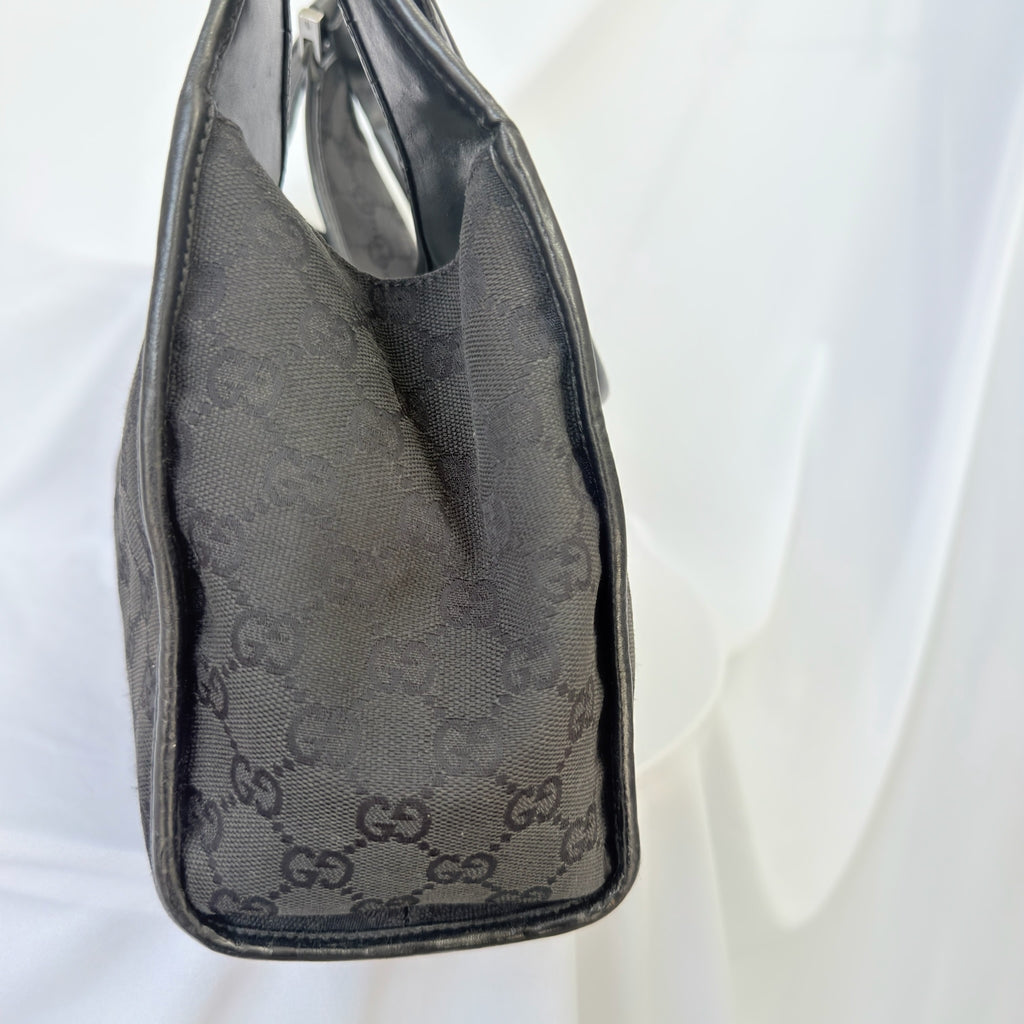 Vintage Gucci Jackie Bardot Medium Size GG Monogram Canvas Leather Black Handbag With Dustbag