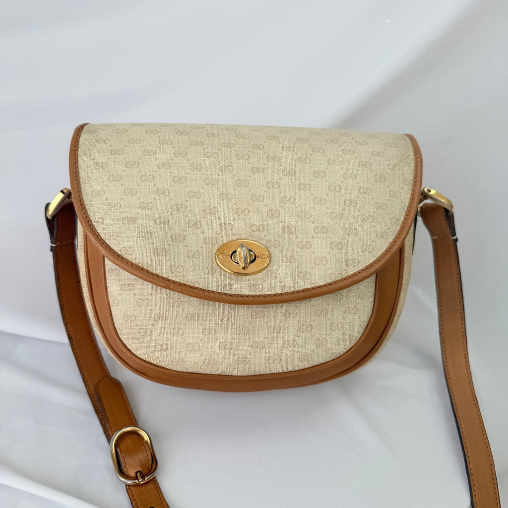 Vintage Gucci GG Supreme Monogram Small Leather Coated Canvas Beige Tan Cream Crossbody Turn Lock Handbag