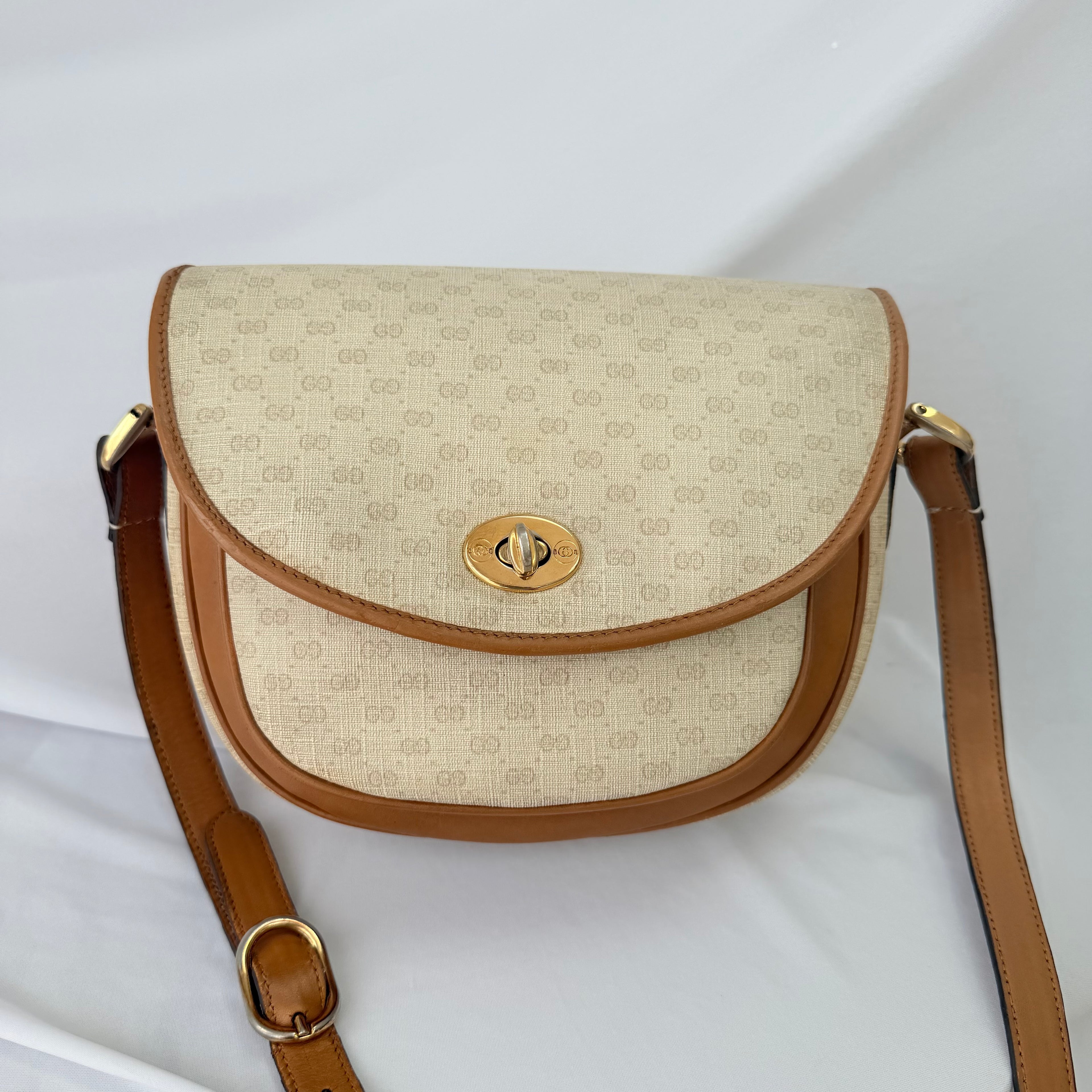 Vintage Gucci GG Supreme Monogram Small Leather Coated Canvas Beige Tan Cream Crossbody Turn Lock Handbag