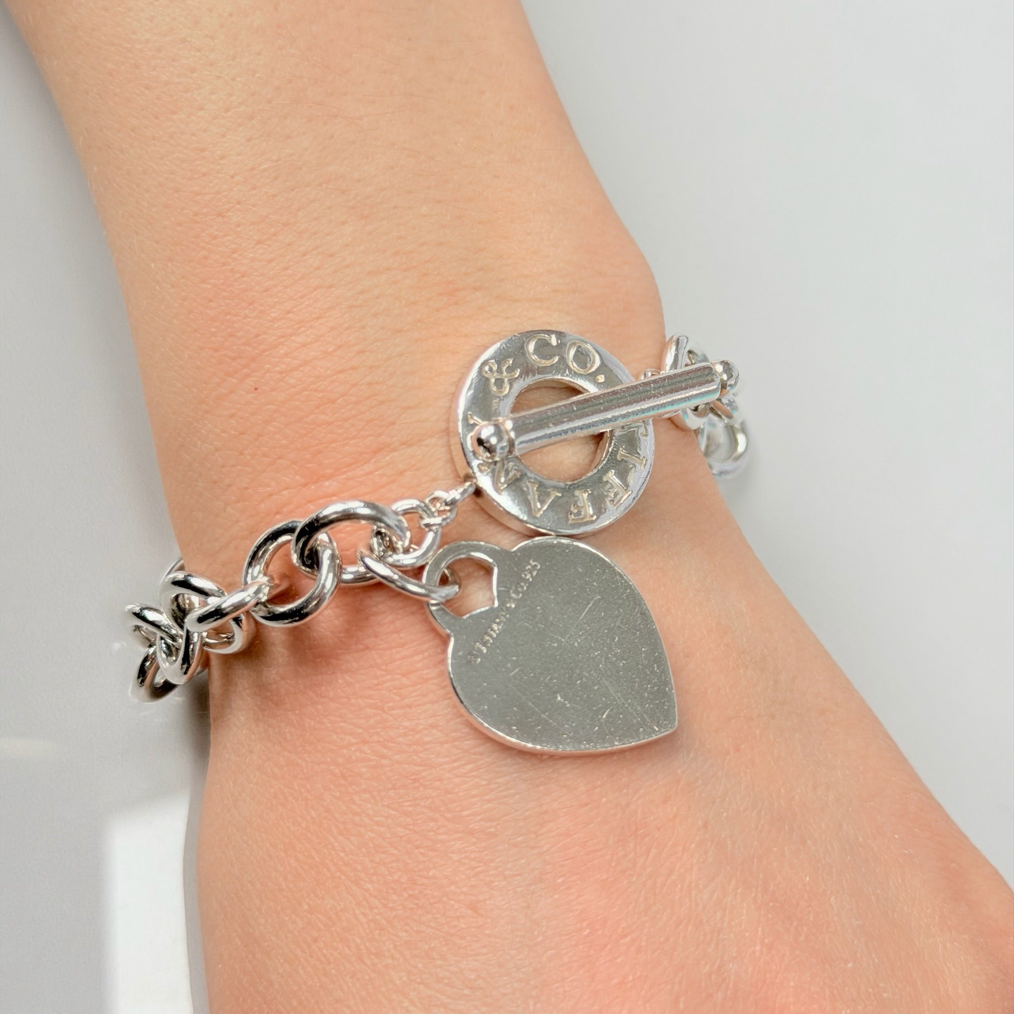 Authentic Vintage Tiffany & Co. Sterling Silver 925 Toggle Heart Pendant Bracelet With Pouch 21cm