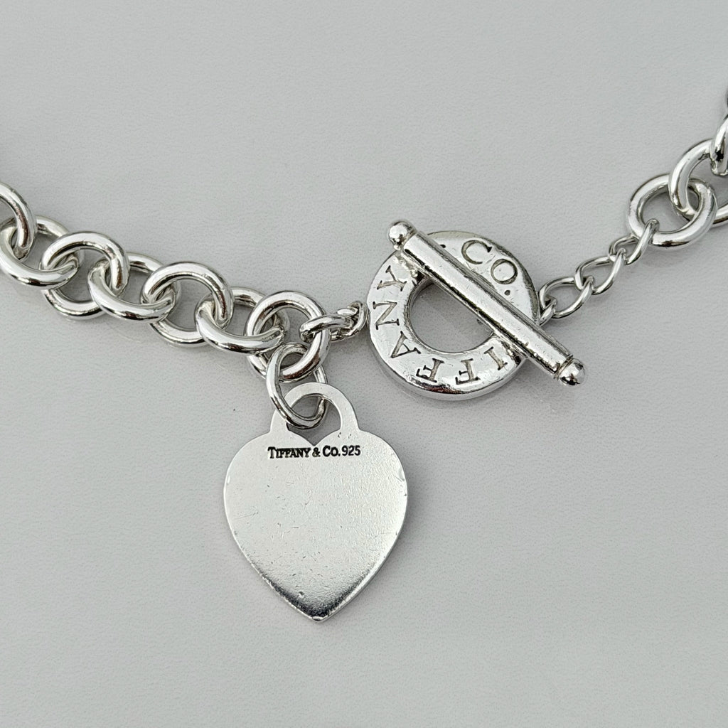 Authentic Vintage Tiffany & Co. Sterling Silver 925 Toggle Heart Pendant Choker Necklace With Pouch 16 inches