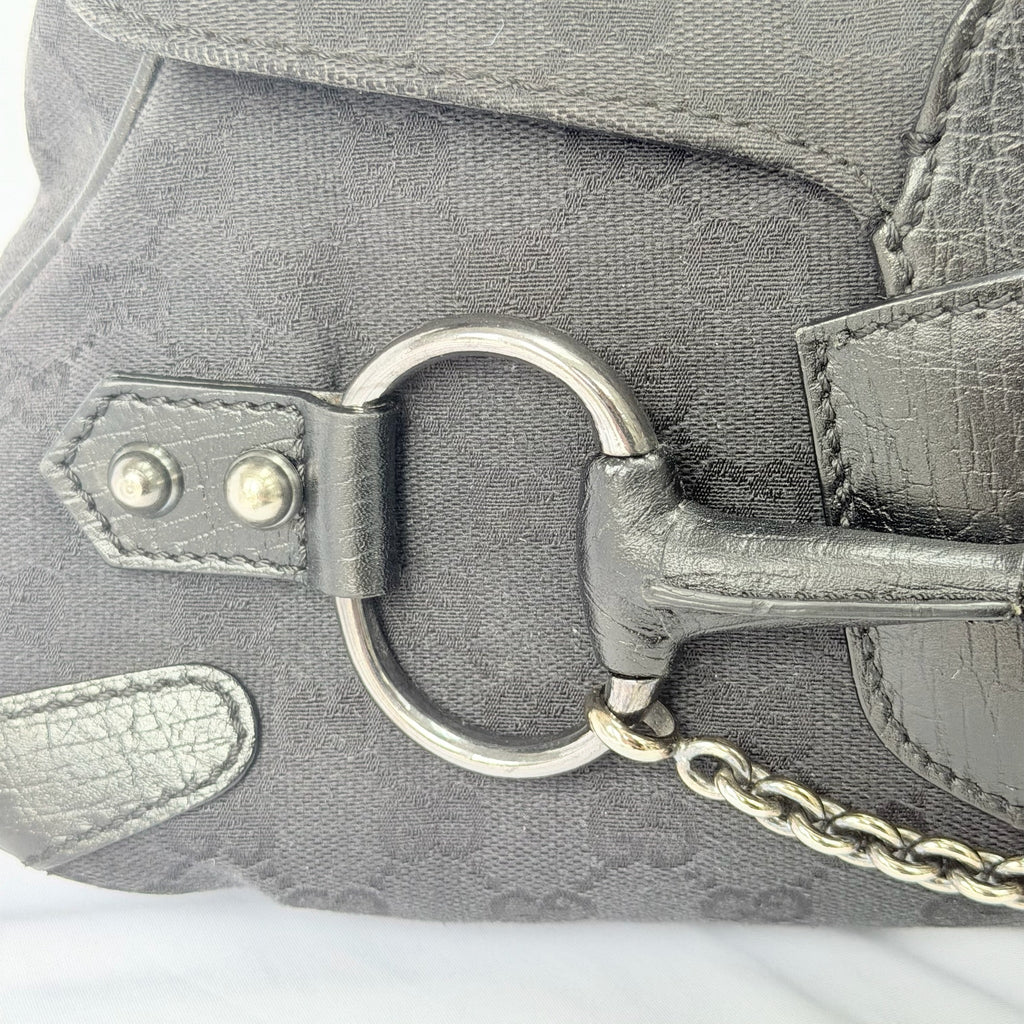 Vintage Gucci Horsebit Black Monogram Canvas Medium Shoulder Handbag Tom Ford Era 2004