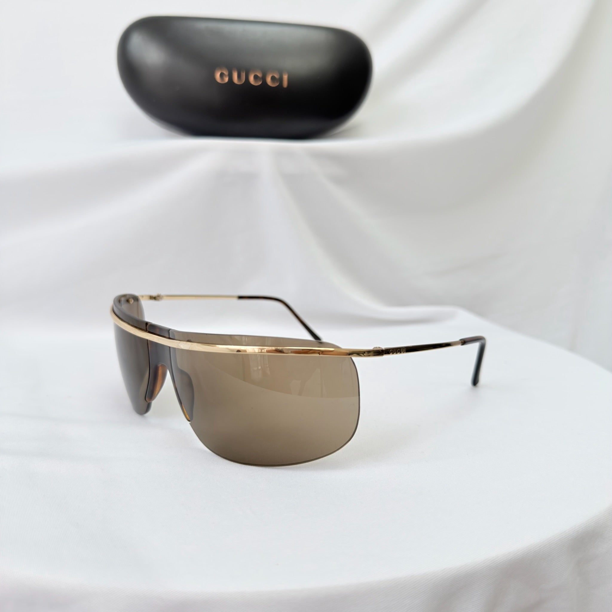 Vintage Gucci GG1870/S J5G6J Brown Gold Rimless Shield Wrap Sunglasses With Case