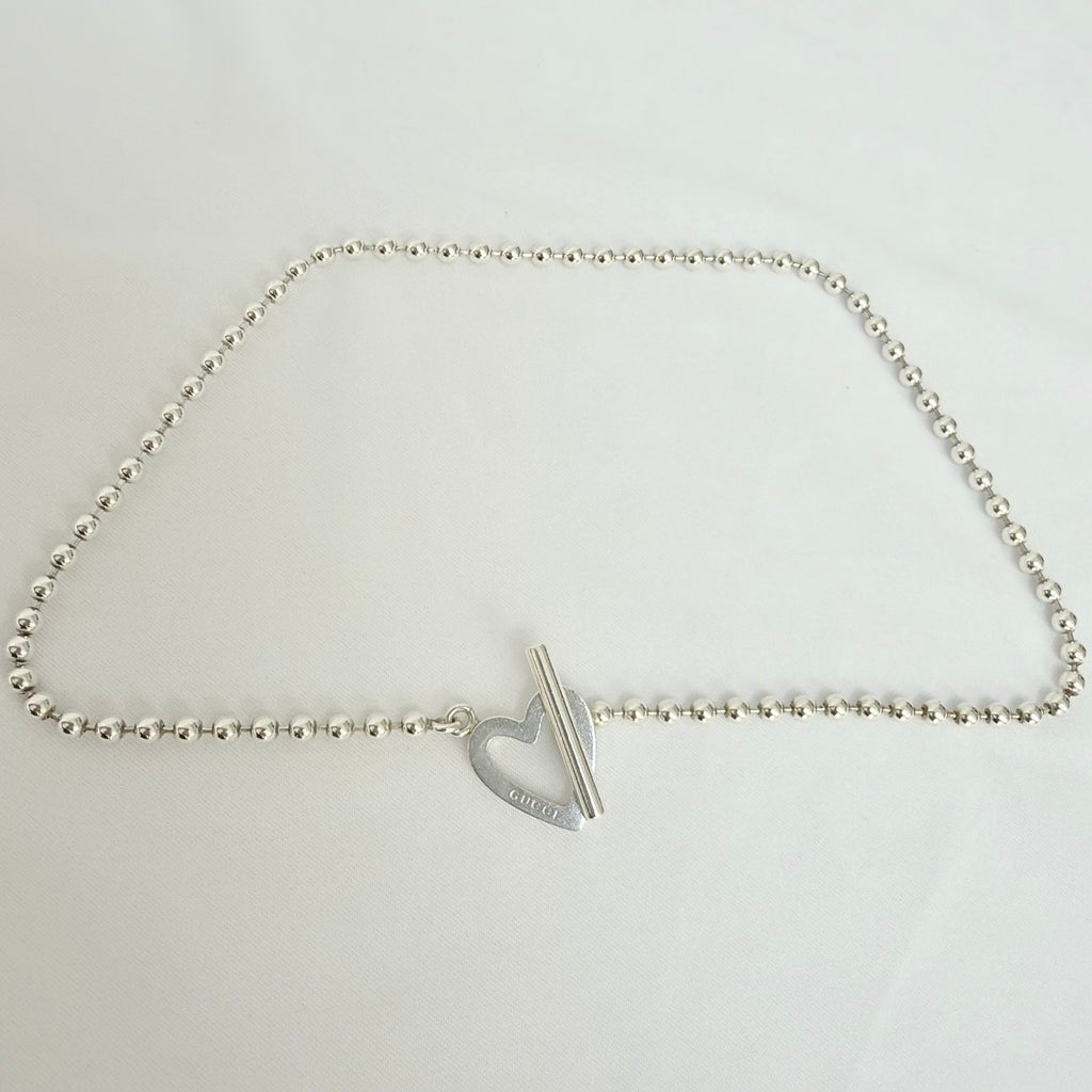 Gucci Heart Boule Popcorn Necklace Choker T Bar Toggle Fastening Sterling Silver 925 Women's 16 Inches