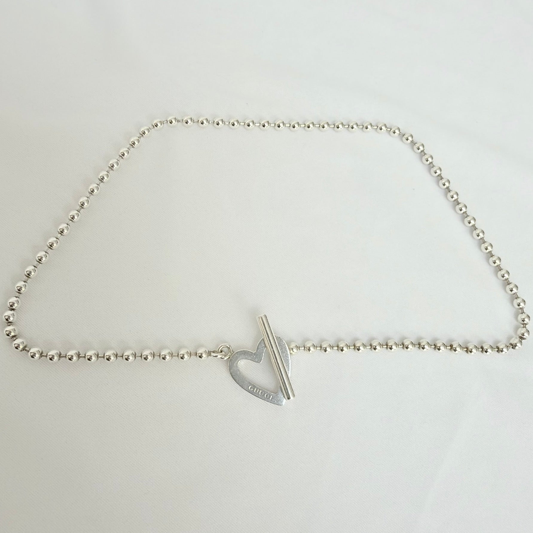 Gucci Heart Boule Popcorn Necklace Choker T Bar Toggle Fastening Sterling Silver 925 Women's 16 Inches