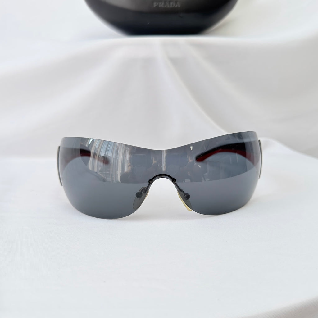 Vintage Prada Wrap Shield Red, Silver & Black Unisex Sunglasses SPR 54G With Case