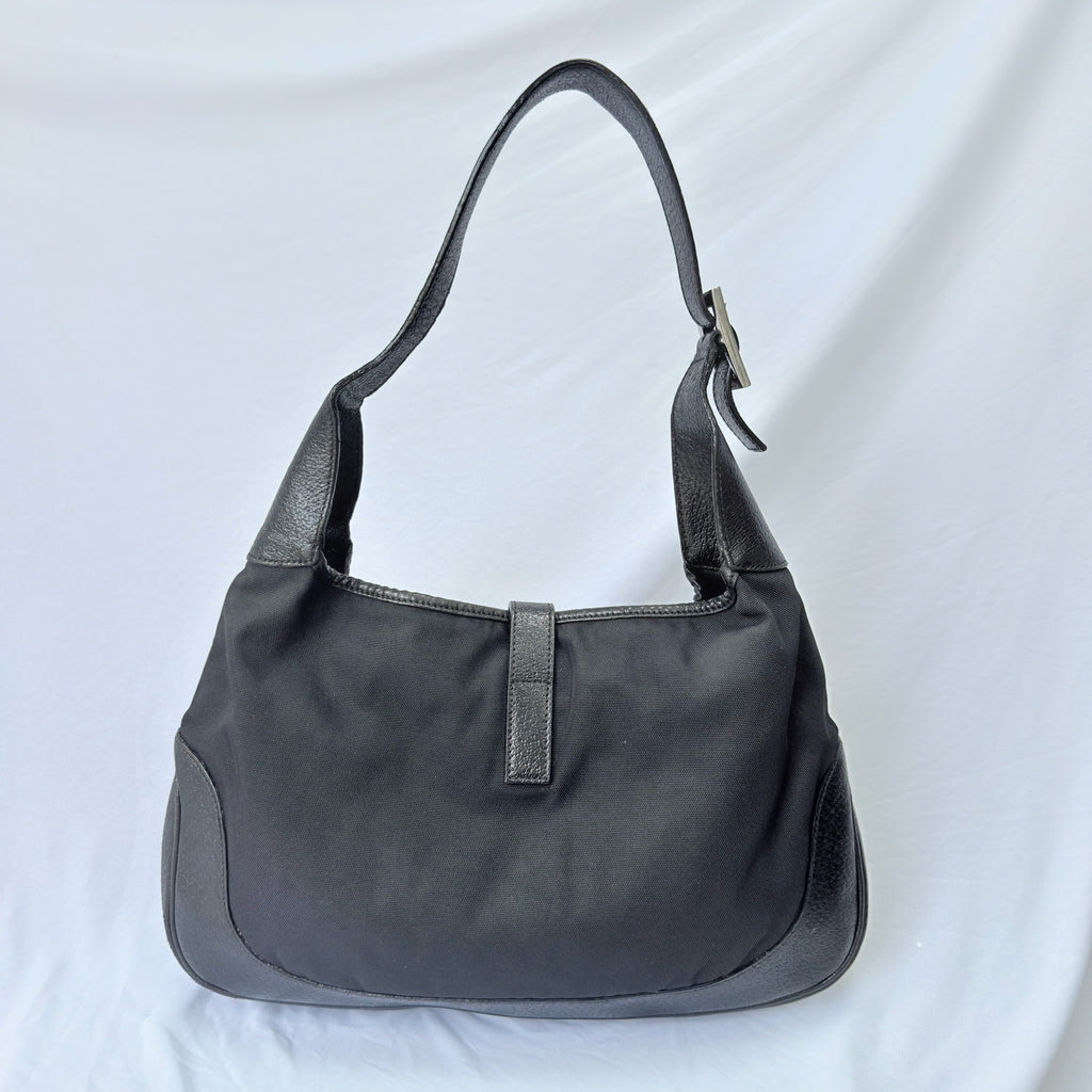 Vintage Gucci Jackie Small Handbag Black Leather And Nylon Piston Push-Lock Silver Closure Single Adjustable Strap