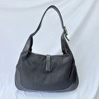 Vintage Gucci Jackie Small Handbag Black Leather And Nylon Piston Push-Lock Silver Closure Single Adjustable Strap