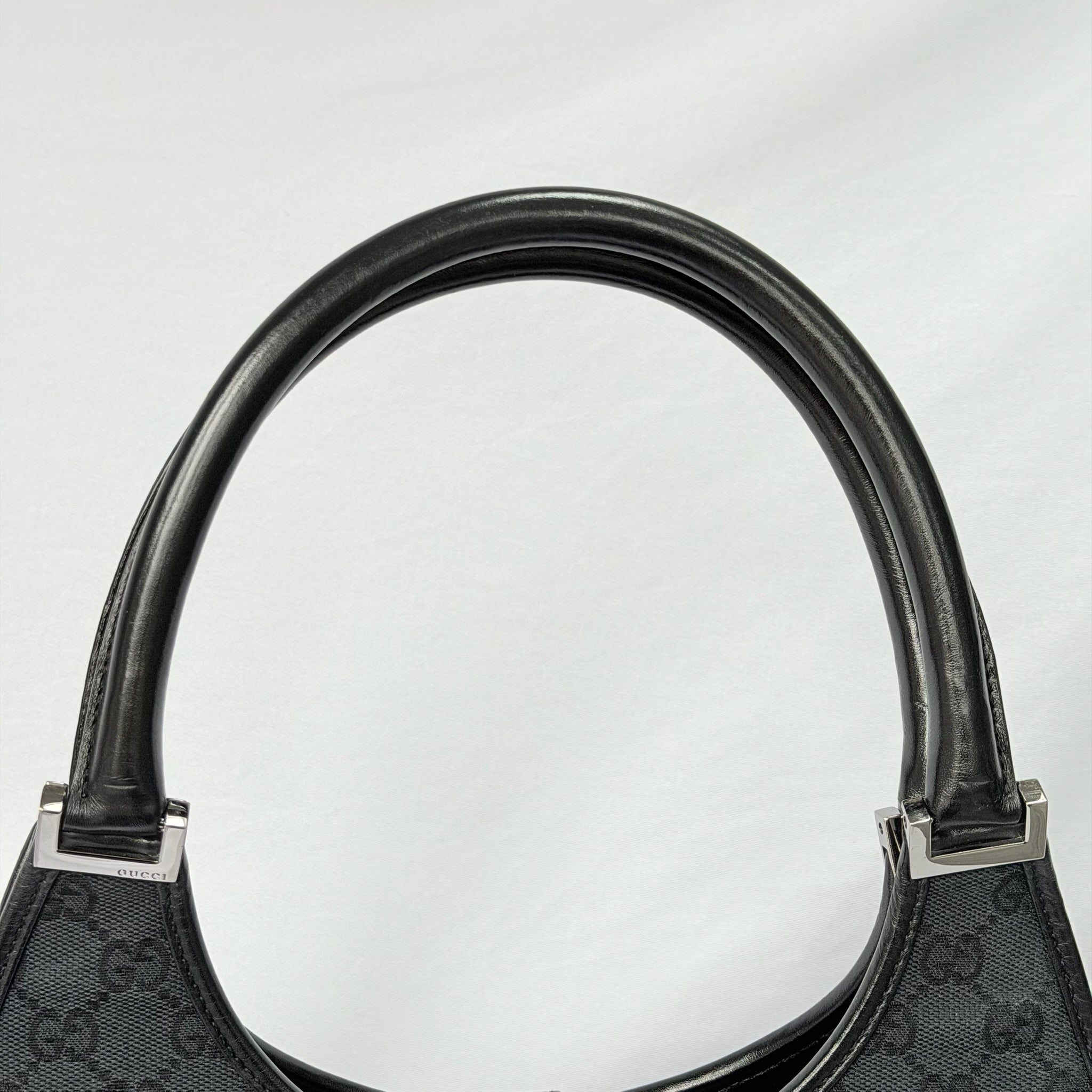 Authentic Vintage Gucci Jackie Bardot Black Monogram Supreme Gg Canvas Leather Medium Handbag