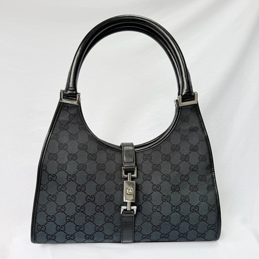 Authentic Vintage Gucci Jackie Bardot Black Monogram Supreme Gg Canvas Leather Medium Handbag