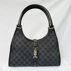 Authentic Vintage Gucci Jackie Bardot Black Monogram Supreme Gg Canvas Leather Medium Handbag
