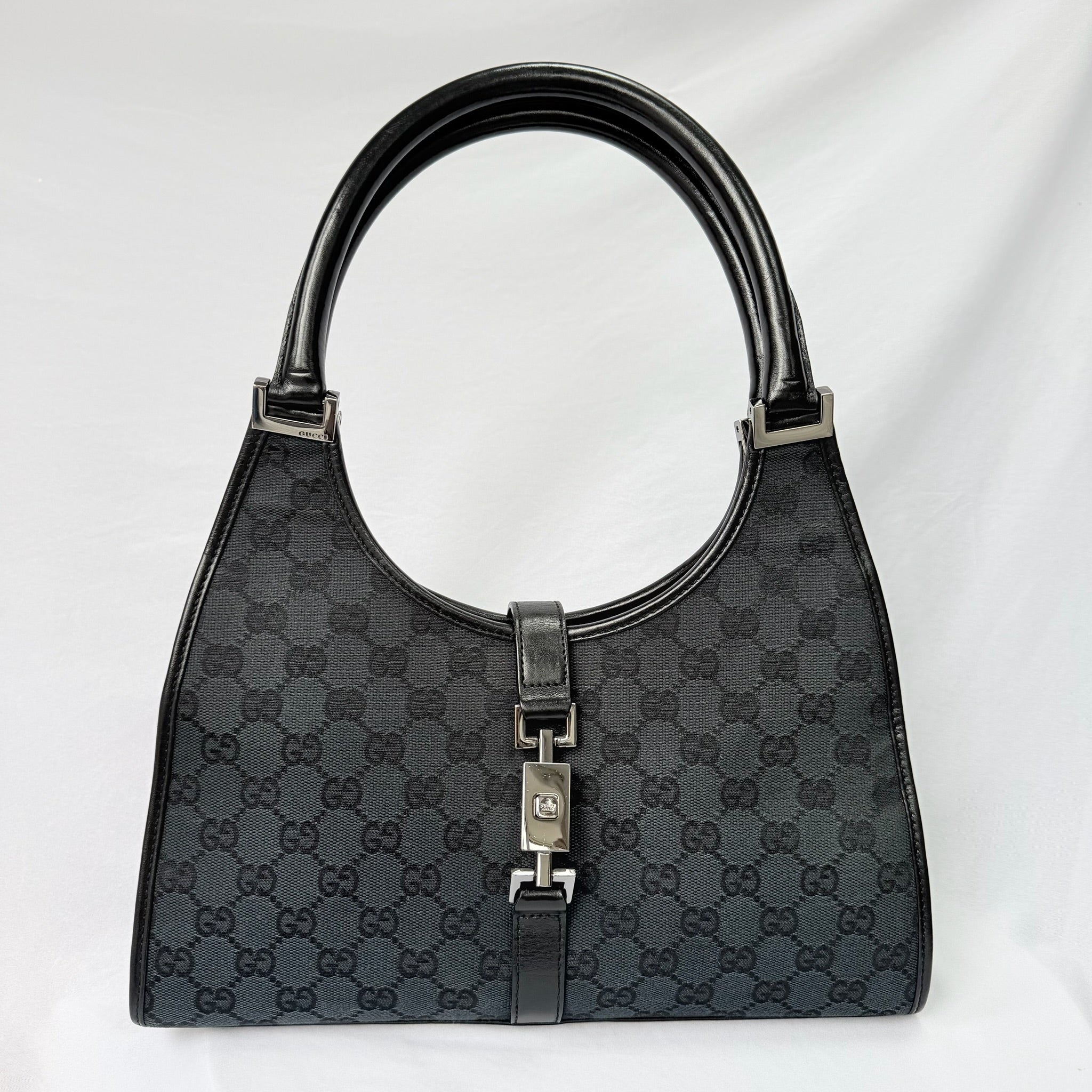 Authentic Vintage Gucci Jackie Bardot Black Monogram Supreme Gg Canvas Leather Medium Handbag