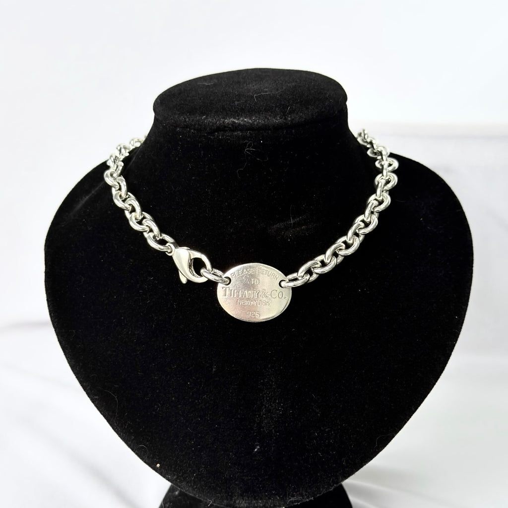 Authentic Tiffany & Co. Sterling Silver 925 Oval Pendant Choker Necklace With Packaging 15 inches