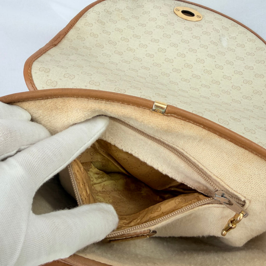 Vintage Gucci GG Supreme Monogram Small Leather Coated Canvas Beige Tan Cream Crossbody Turn Lock Handbag