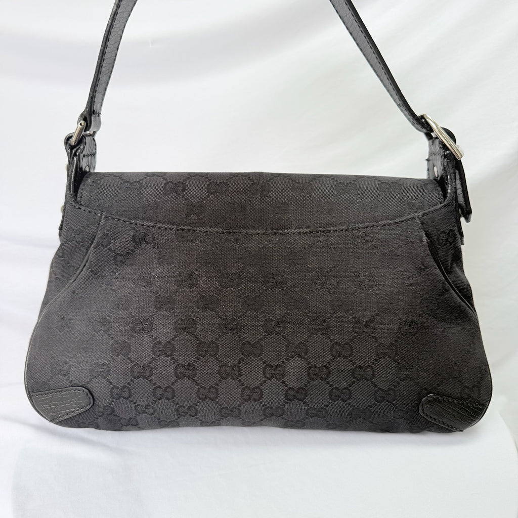 Vintage Gucci Horsebit Black Monogram Canvas Medium Shoulder Handbag Tom Ford Era 2004
