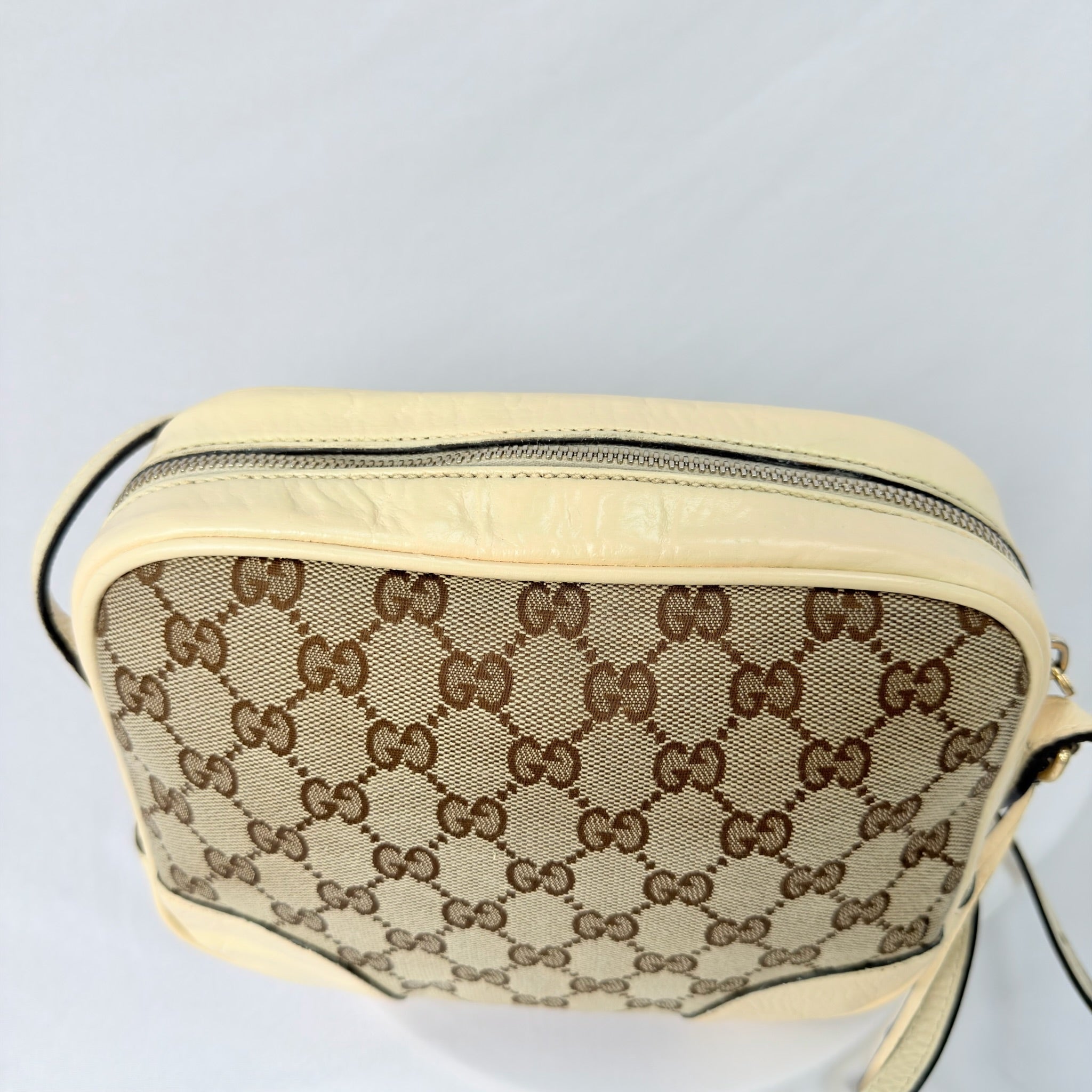 Authentic Gucci GG Bree Cream Leather Brown Canvas Crossbody Women's Bag With Dust bag
