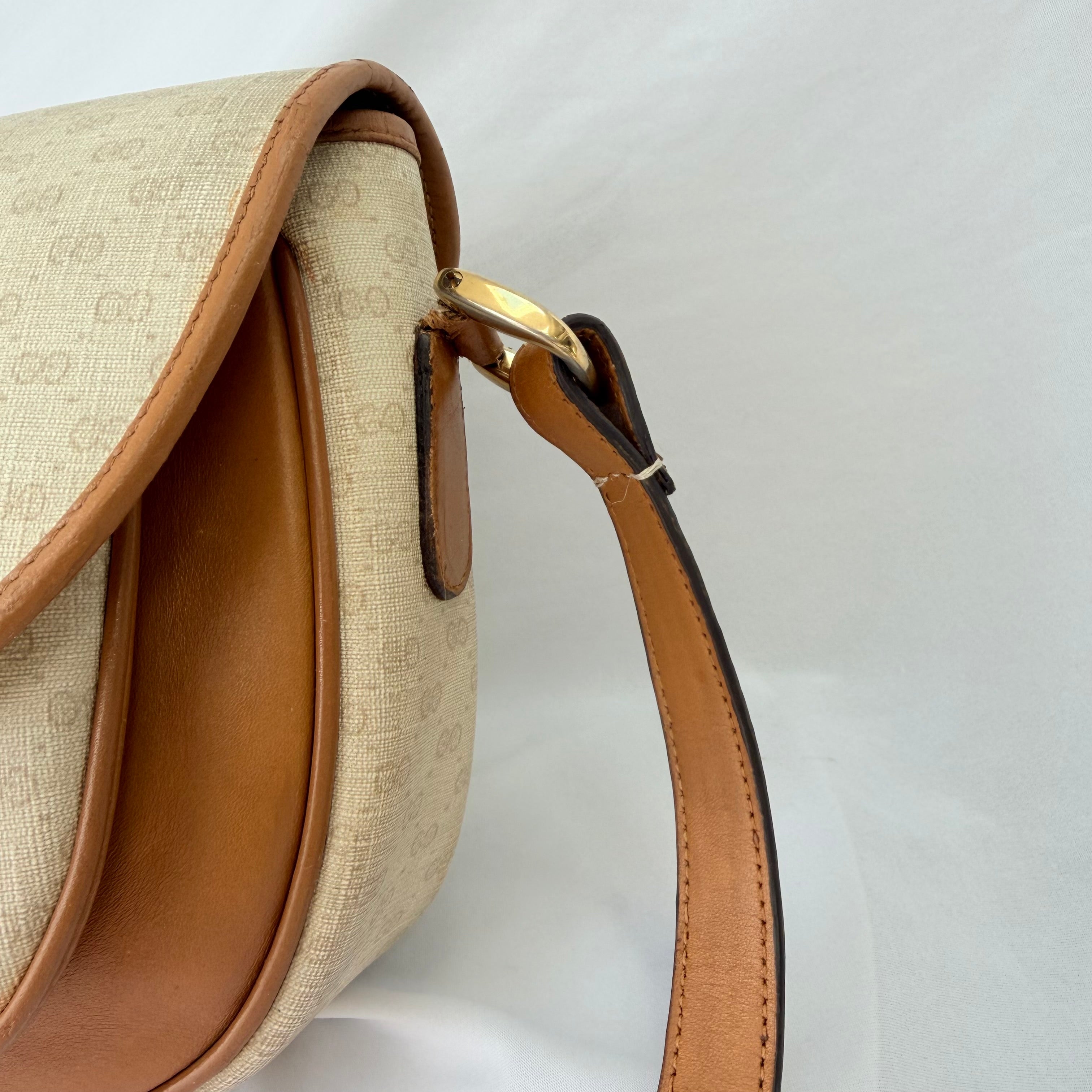 Vintage Gucci GG Supreme Monogram Small Leather Coated Canvas Beige Tan Cream Crossbody Turn Lock Handbag