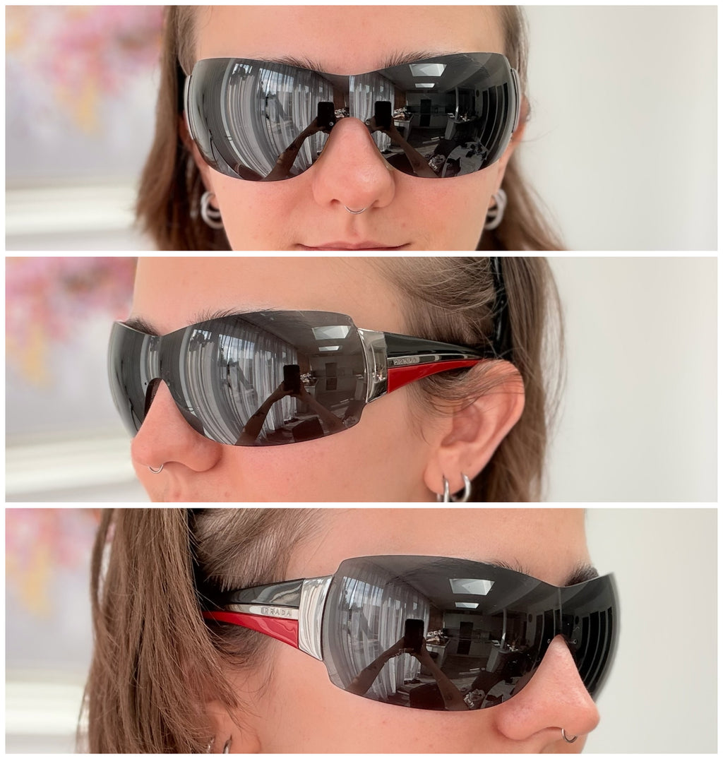 Vintage Prada Wrap Shield Red, Silver & Black Unisex Sunglasses SPR 54G With Case