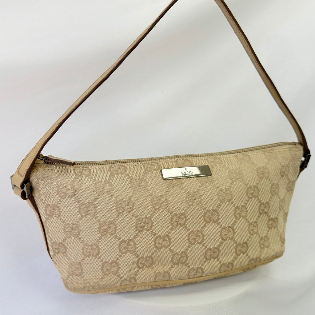 Vintage Y2k Gucci Beige GG Monogram Canvas Small Boat Pochette Shoulder Handbag