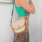 Vintage Gucci GG Supreme Monogram Small Leather Coated Canvas Beige Tan Cream Crossbody Turn Lock Handbag
