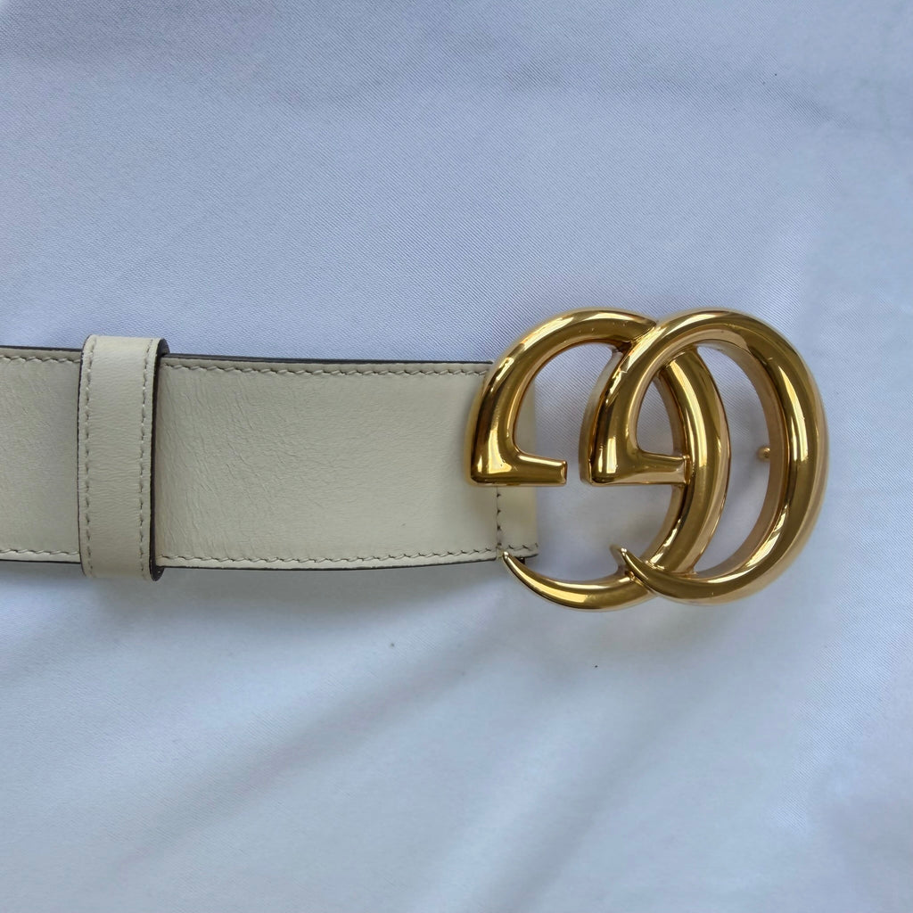 Gucci GG Marmont 24k Gold Buckle Cream Leather Belt 4cm 85cm 34” 400593