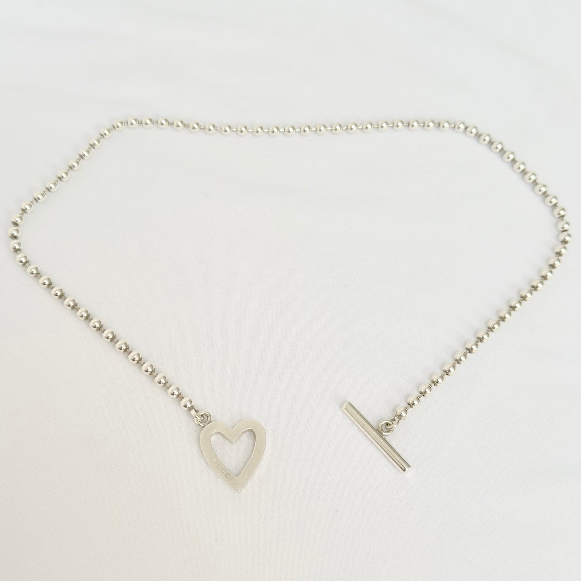Gucci Heart Boule Popcorn Necklace Choker T Bar Toggle Fastening Sterling Silver 925 Women's 16 Inches