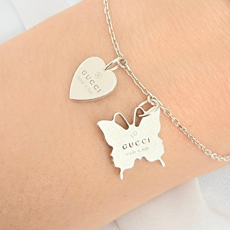 Gucci Heart Butterfly Charm Sterling Silver 925 Women's Bracelet 17cm With Packaging
