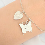 Gucci Heart Butterfly Charm Sterling Silver 925 Women's Bracelet 17cm With Packaging