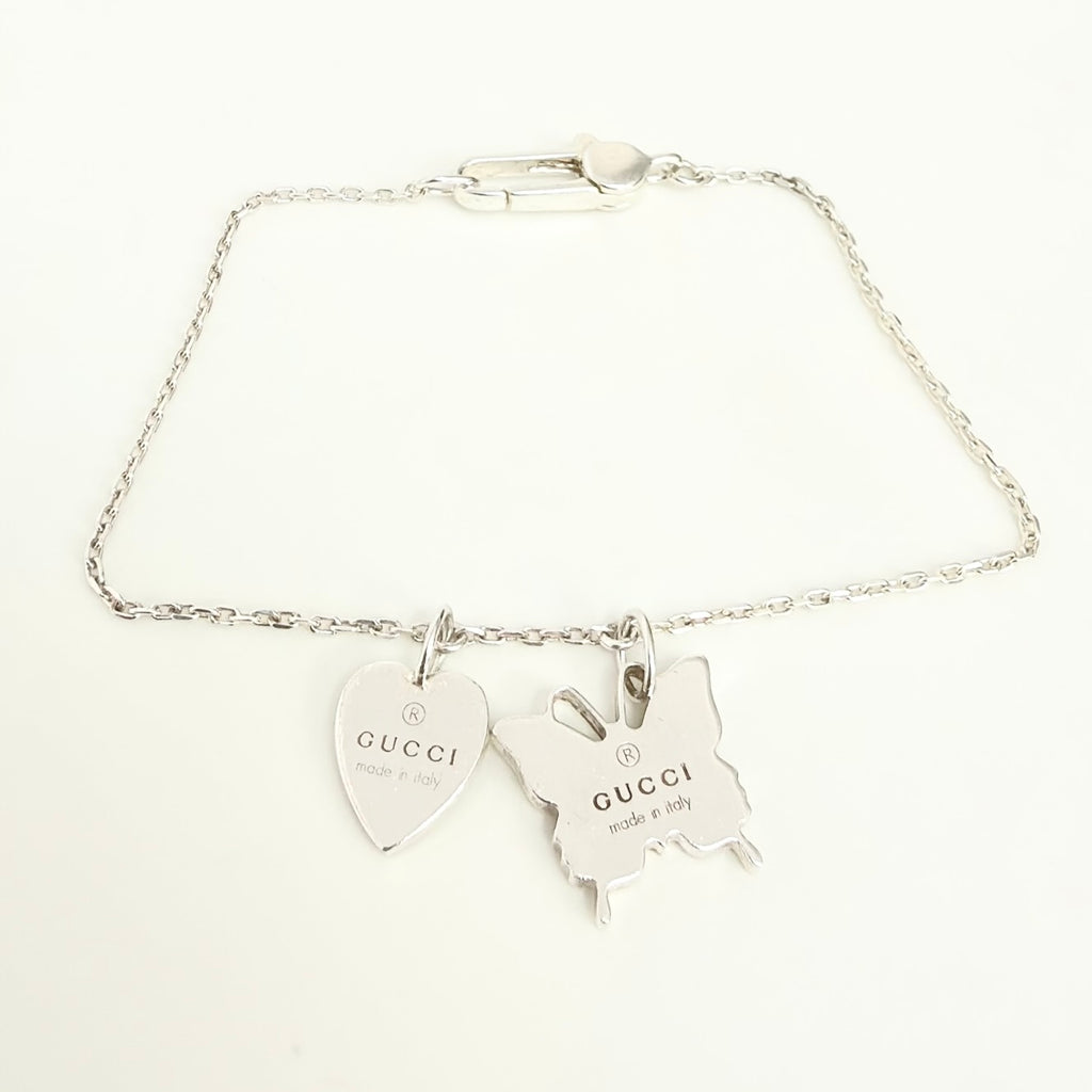 Gucci Heart Butterfly Charm Sterling Silver 925 Women's Bracelet 17cm With Packaging