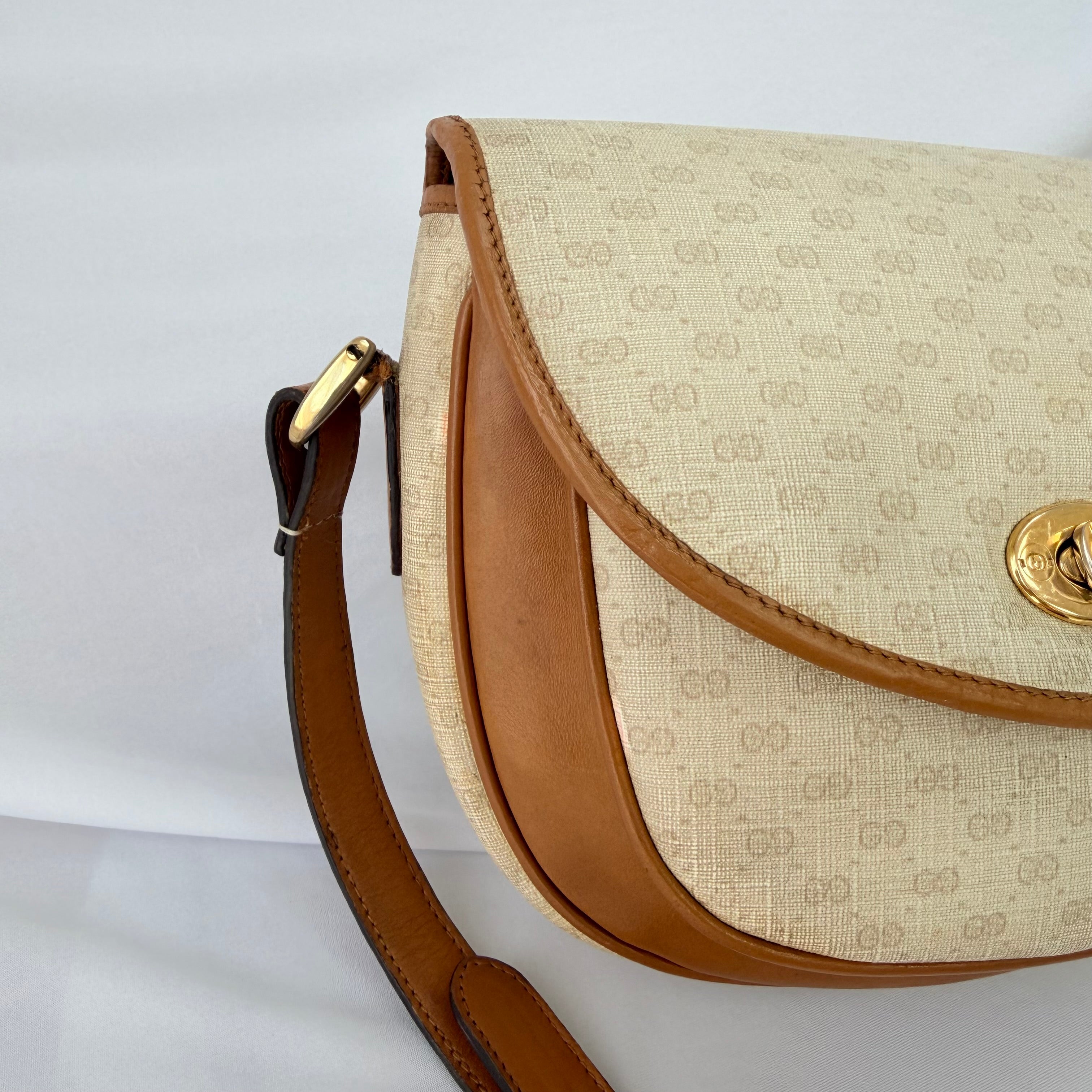 Vintage Gucci GG Supreme Monogram Small Leather Coated Canvas Beige Tan Cream Crossbody Turn Lock Handbag
