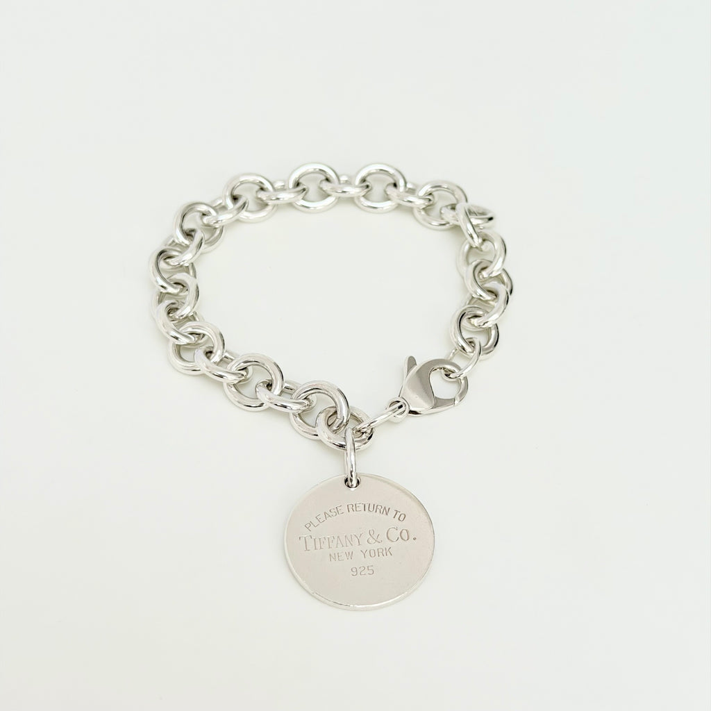 Authentic Tiffany & Co. Sterling Silver 925 Chunky Chain Large Round Tag Disc Bracelet 7.5 Inches With Packaging