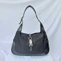 Vintage Gucci Jackie Small Handbag Black Leather And Nylon Piston Push-Lock Silver Closure Single Adjustable Strap