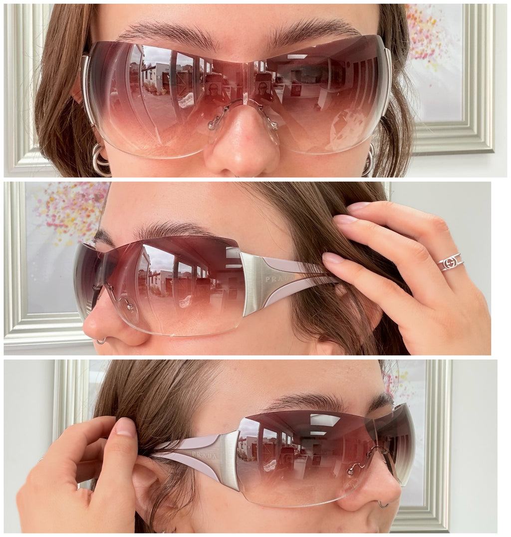 Vintage Prada Y2K Lilac Purple Silver Frameless Wrap Sunshield Oversized Sunglasses SPR 041