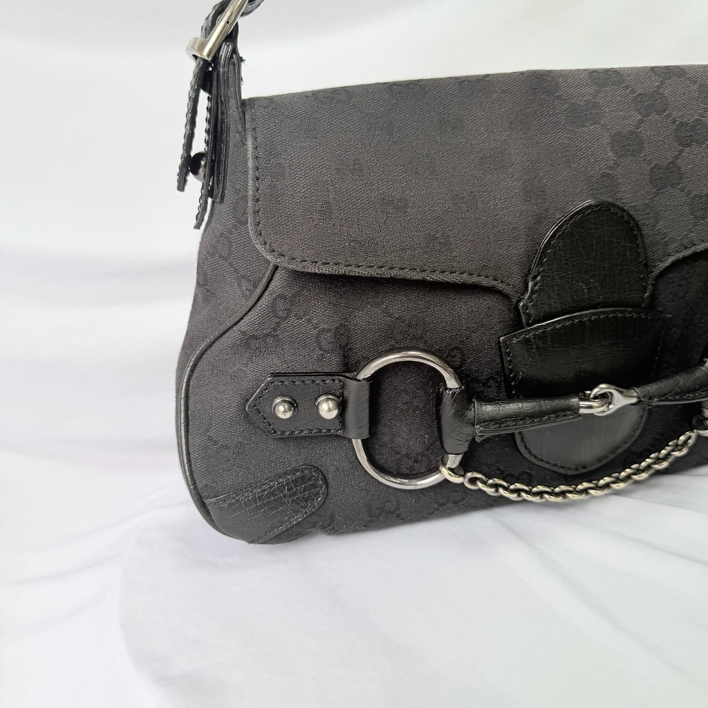 Vintage Gucci Horsebit Black Monogram Canvas Medium Shoulder Handbag Tom Ford Era 2004
