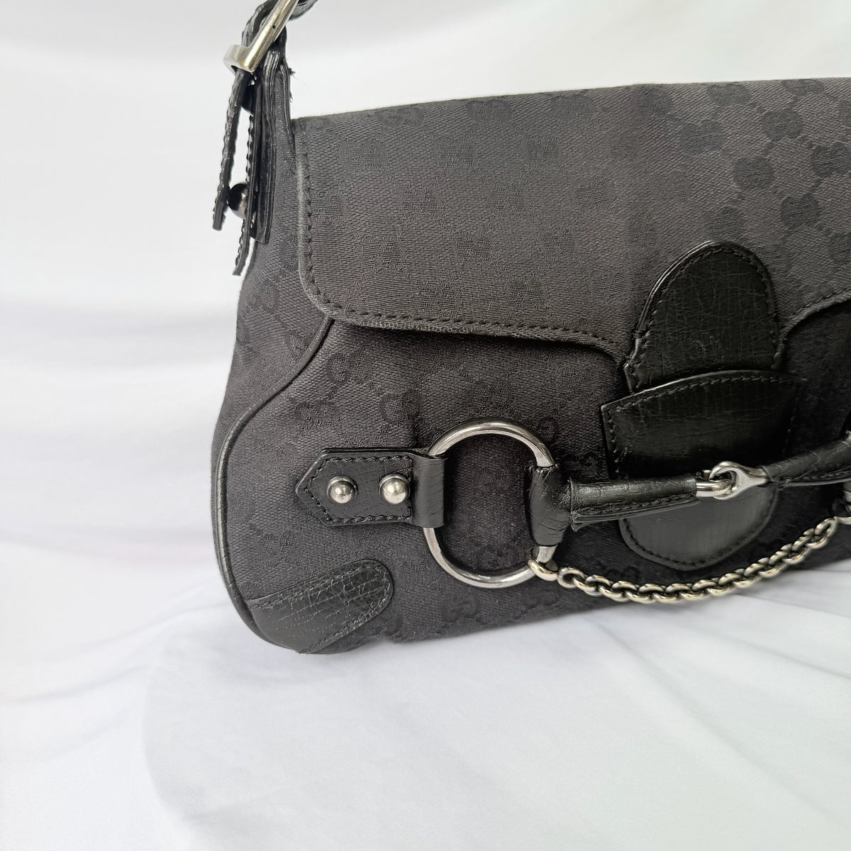 Vintage Gucci Horsebit Black Monogram Canvas Medium Shoulder Handbag Tom Ford Era 2004