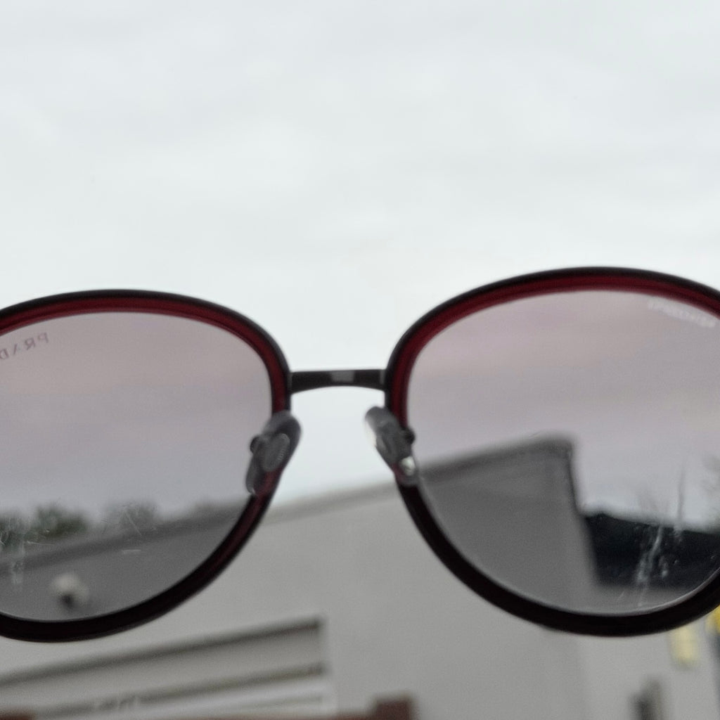 Prada SPR 51N Burgundy Red Striped Arms Oversized Oval Round Women’s Sunglasses