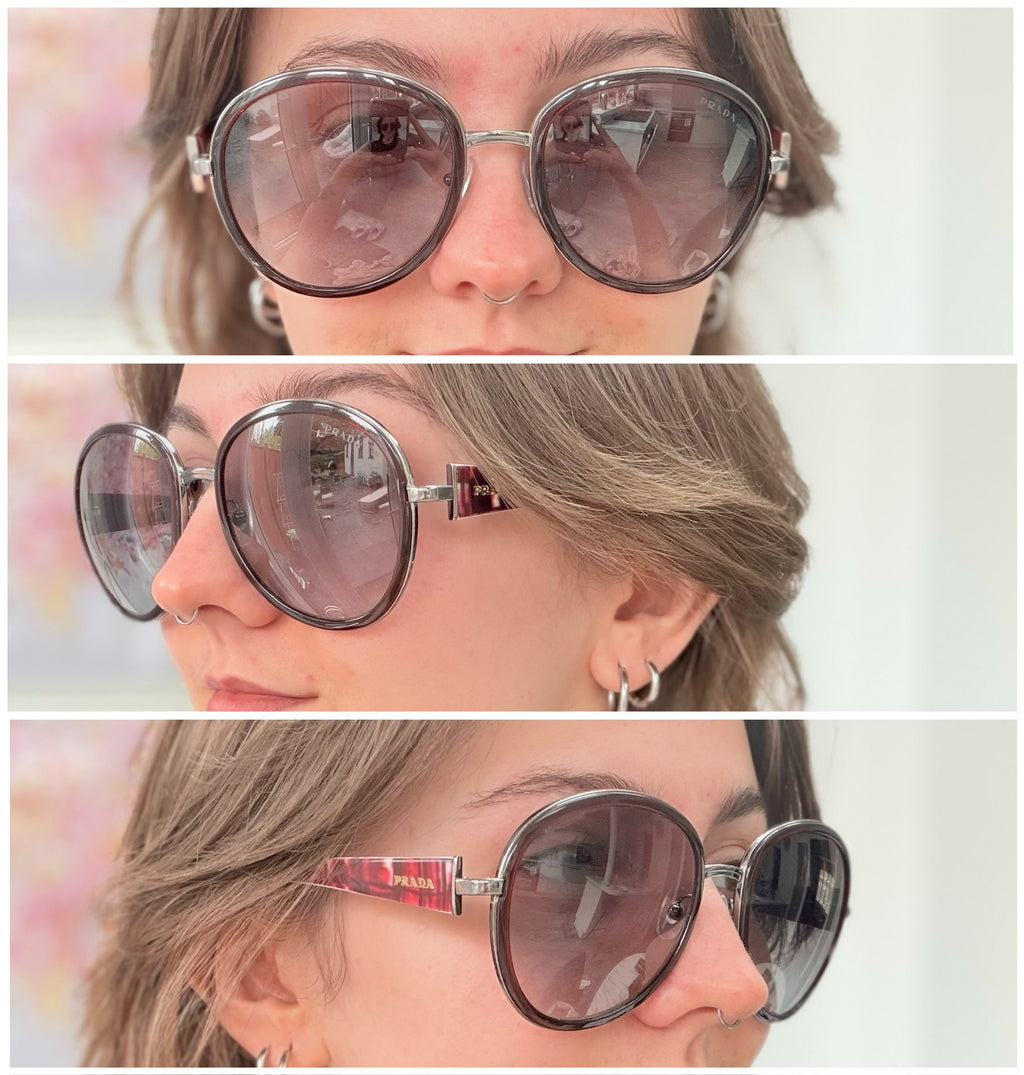 Prada SPR 51N Burgundy Red Striped Arms Oversized Oval Round Women’s Sunglasses