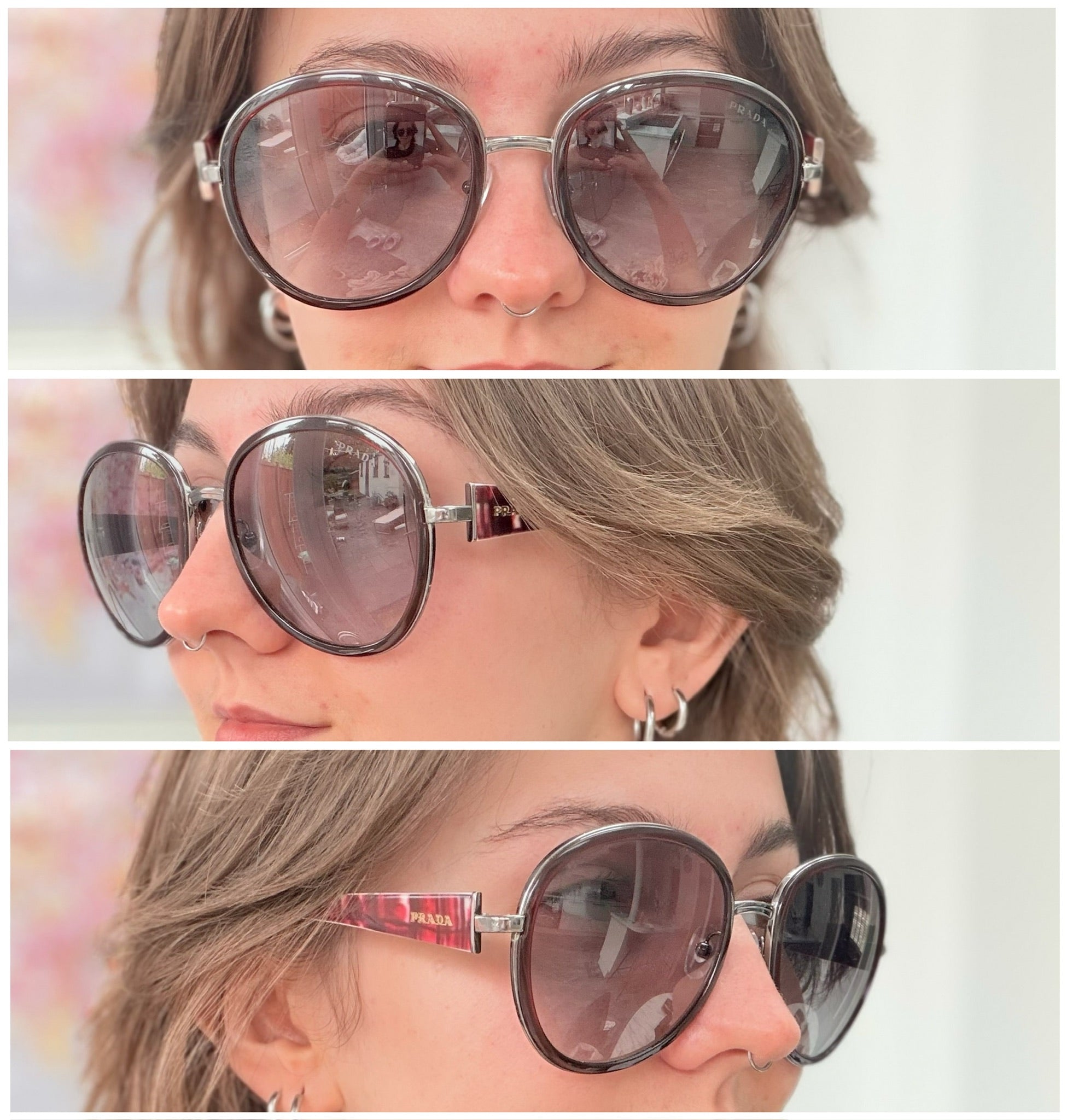 Prada SPR 51N Burgundy Red Striped Arms Oversized Oval Round Women’s Sunglasses