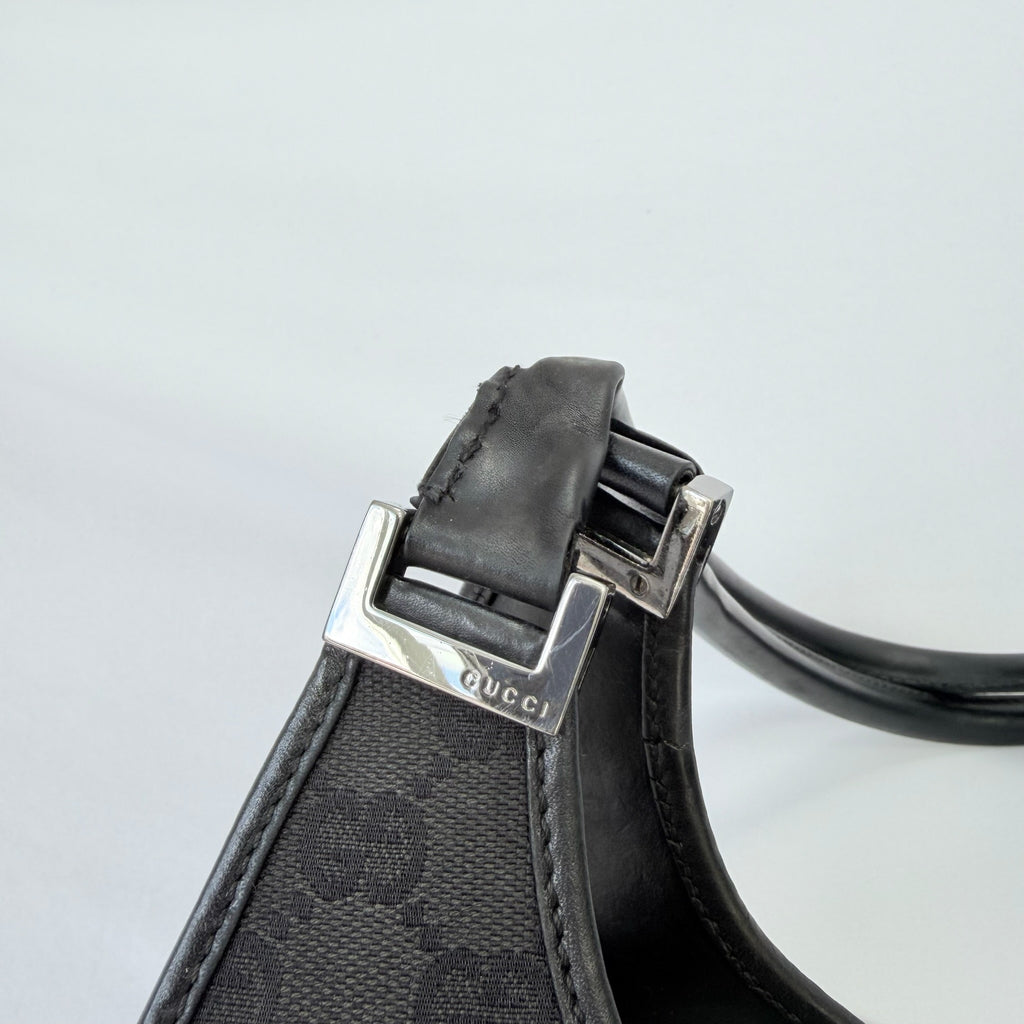 Vintage Gucci Jackie Bardot Medium Size GG Monogram Canvas Leather Black Handbag With Dustbag