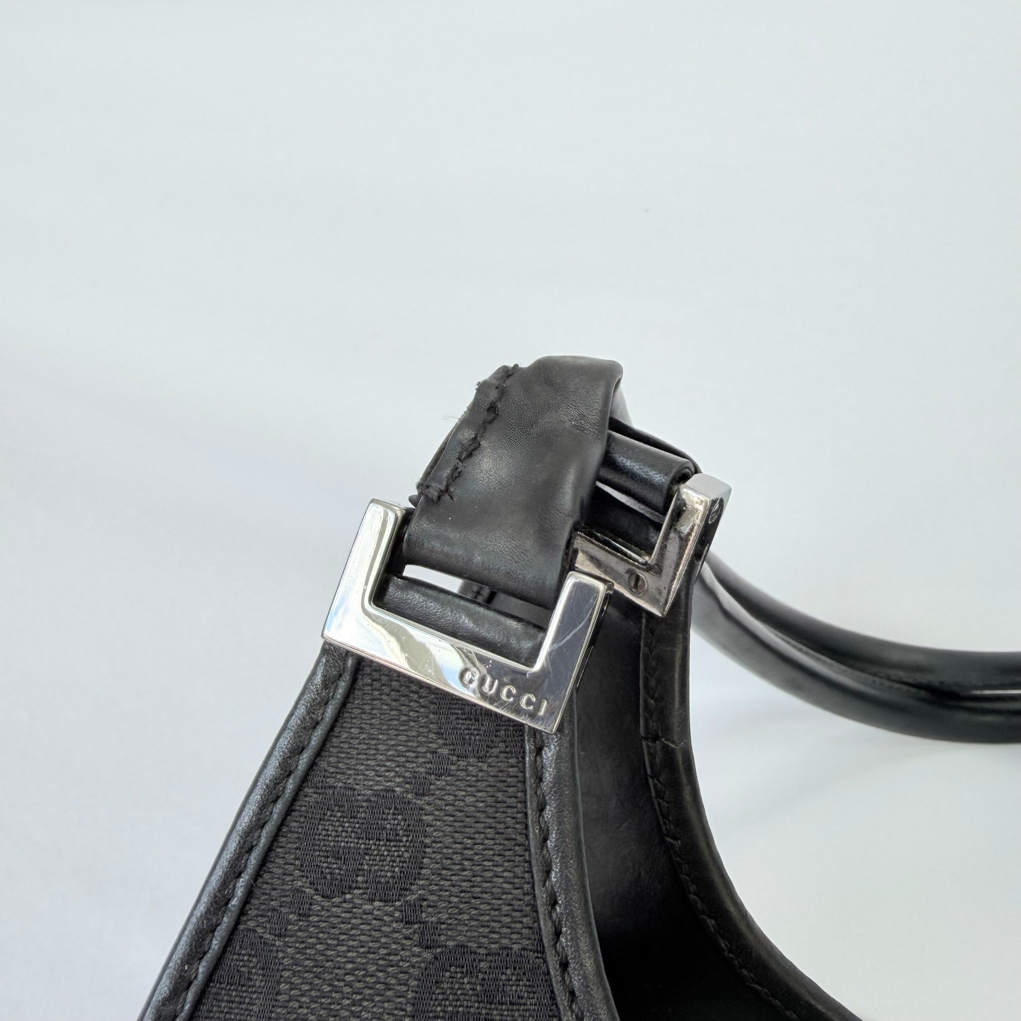 Vintage Gucci Jackie Bardot Medium Size GG Monogram Canvas Leather Black Handbag With Dustbag
