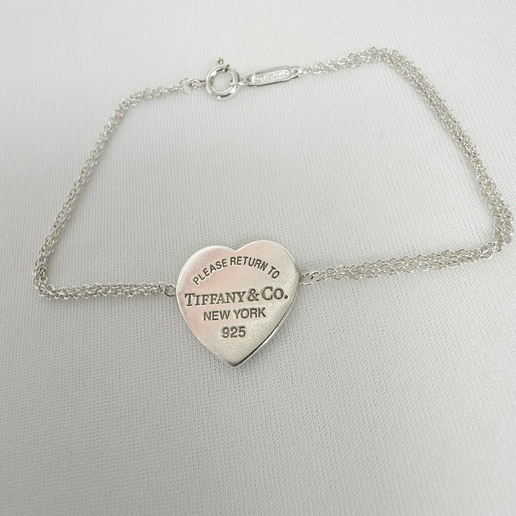 Tiffany & Co. Double Chain Heart Charm Return to Tiffany Bracelet 925 Silver 6.5” With Packaging