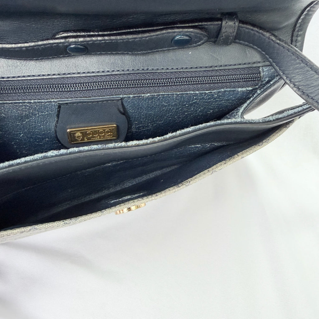 Gucci Authentic Vintage Navy Beige Gold Leather Micro GG Supreme Women’s Crossbody Bag