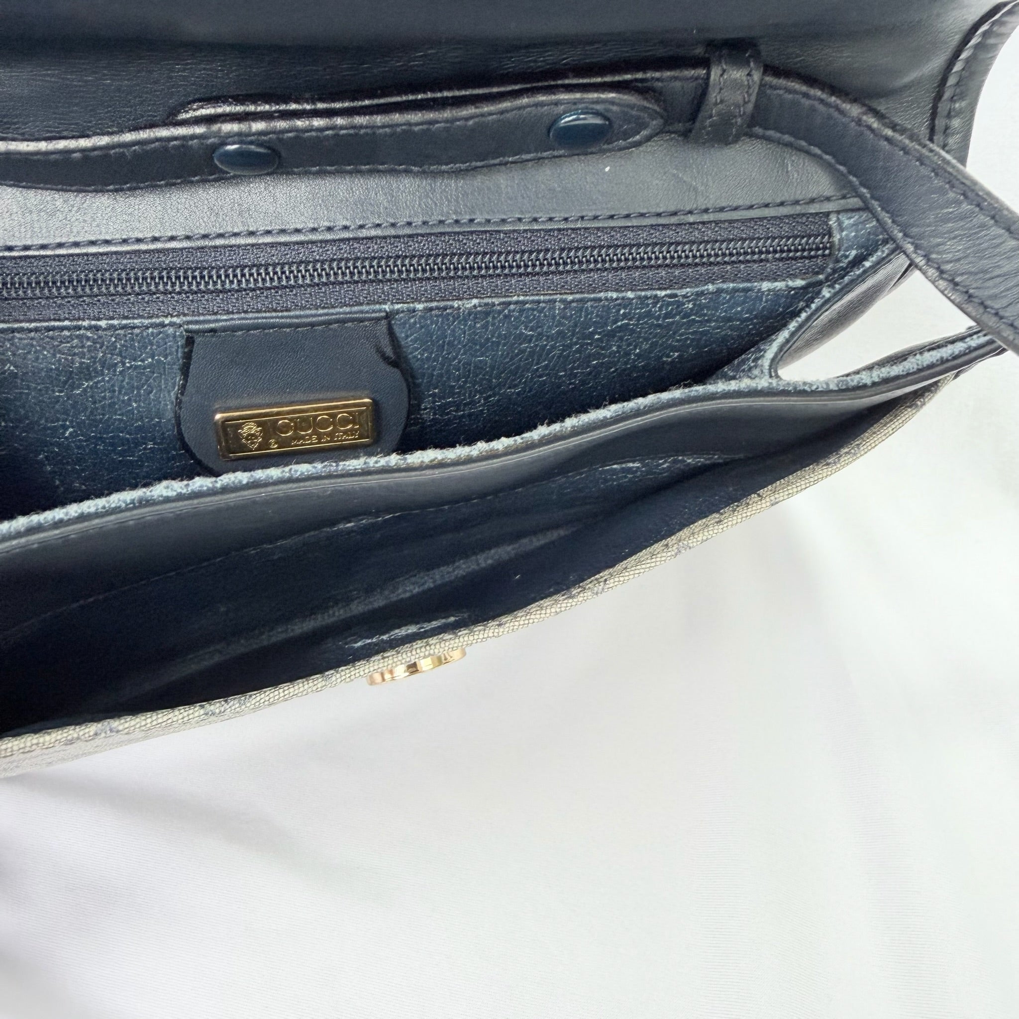 Gucci Authentic Vintage Navy Beige Gold Leather Micro GG Supreme Women’s Crossbody Bag