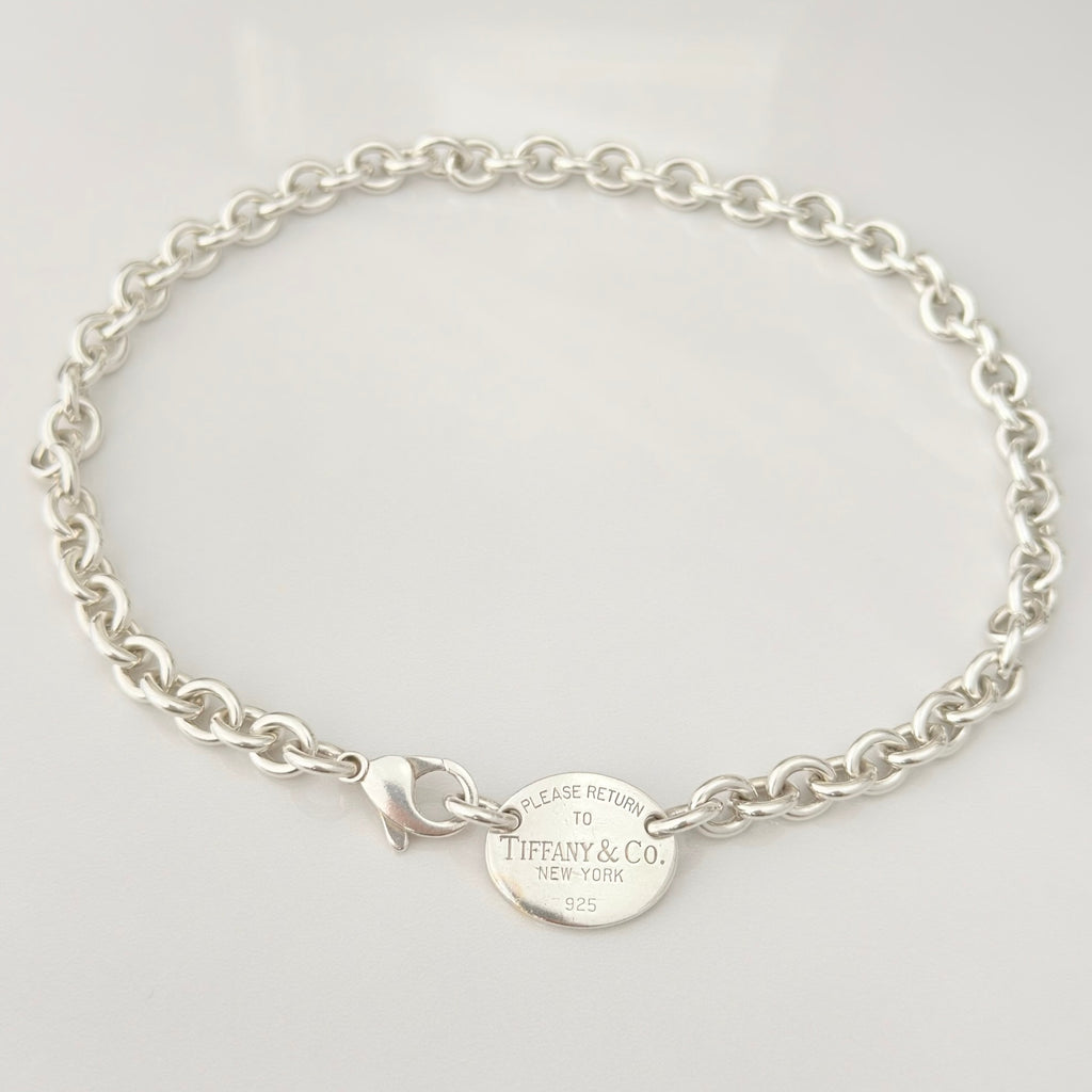 Authentic Tiffany & Co. Sterling Silver 925 Oval Pendant Choker Necklace With Packaging 15 inches