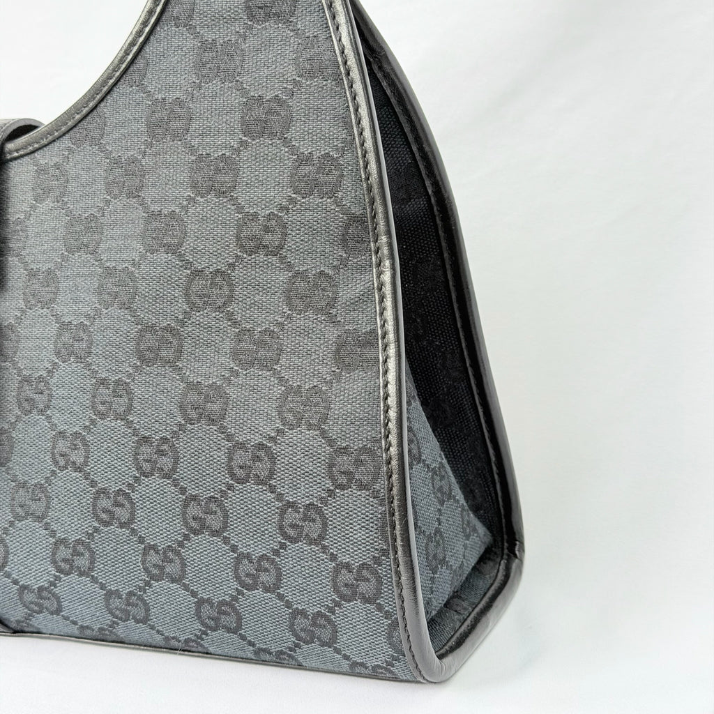 Authentic Vintage Gucci Jackie Bardot Black Monogram Supreme Gg Canvas Leather Medium Handbag