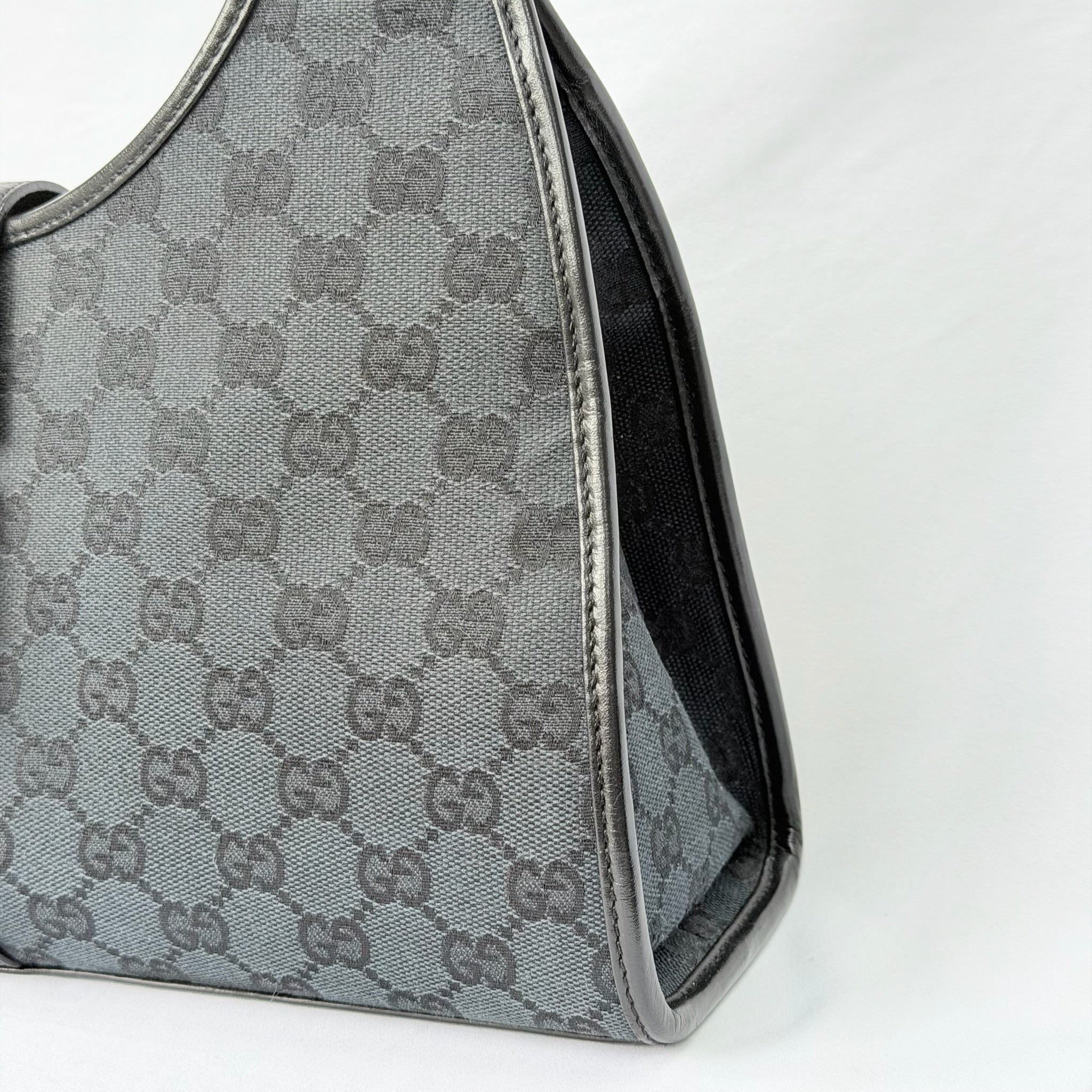 Authentic Vintage Gucci Jackie Bardot Black Monogram Supreme Gg Canvas Leather Medium Handbag