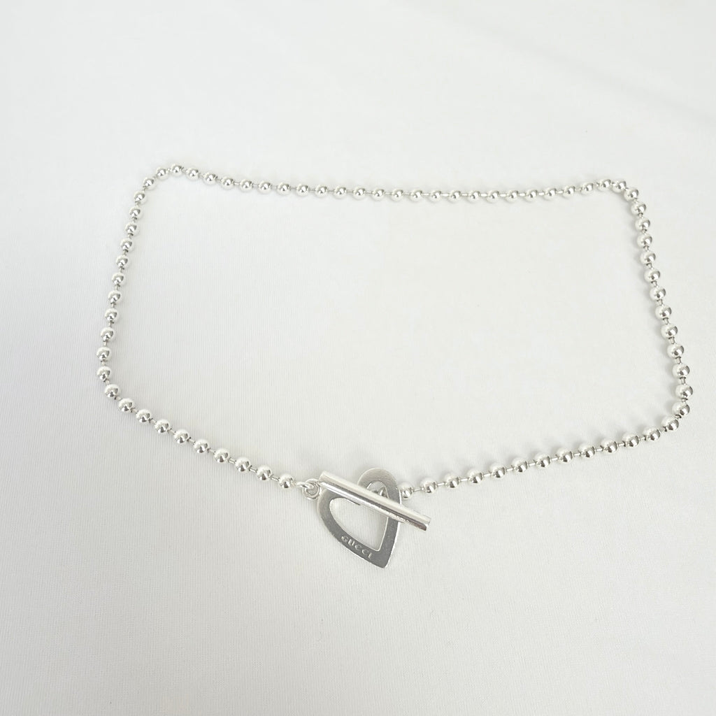 Gucci Heart Boule Popcorn Necklace T Bar Toggle Sterling Silver 925 15.5 Inches With Packaging