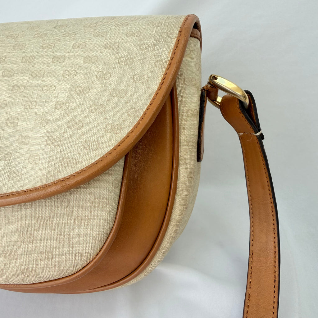 Vintage Gucci GG Supreme Monogram Small Leather Coated Canvas Beige Tan Cream Crossbody Turn Lock Handbag